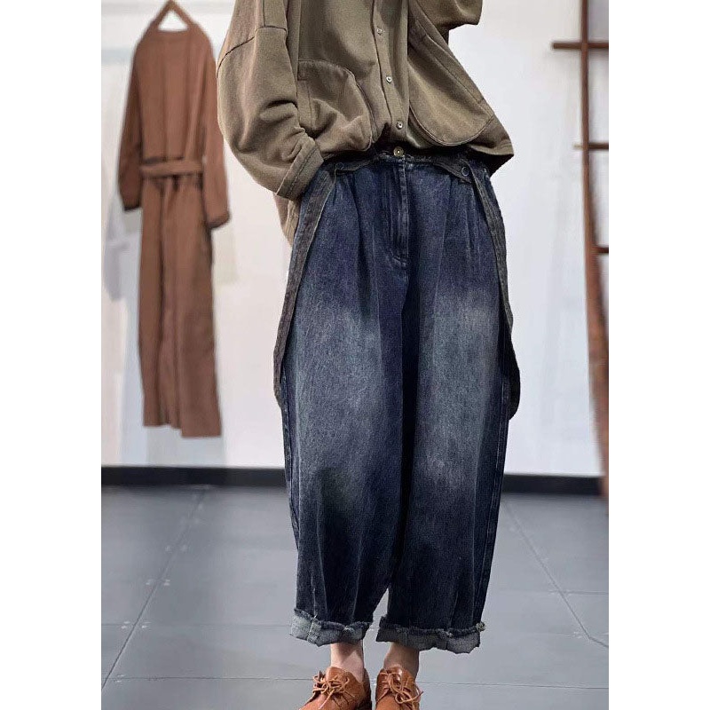 DIY Denim Blue Elastic Waist Pockets Cotton Harem Pants Spring