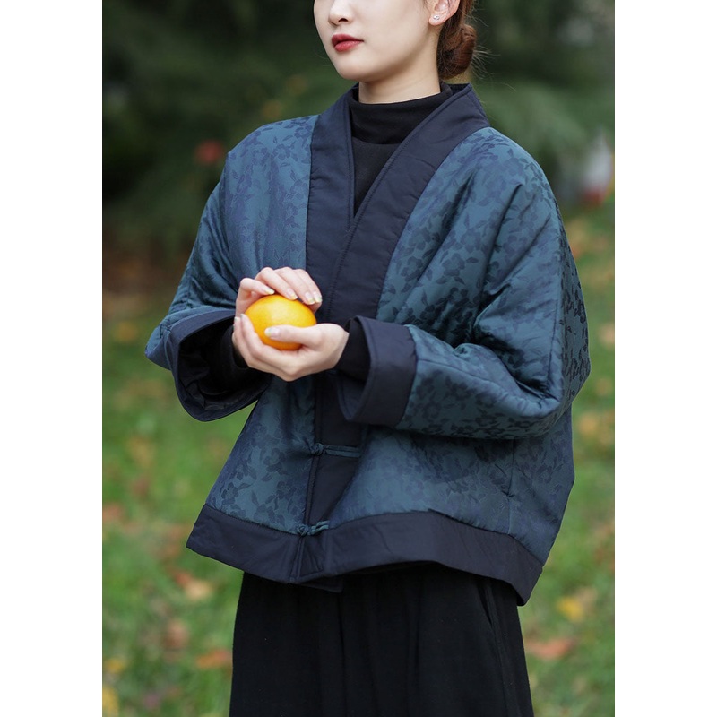 Diy Peacock Blue Jacquard Oriental Button Patchwork Fine Cotton Filled Coat Winter