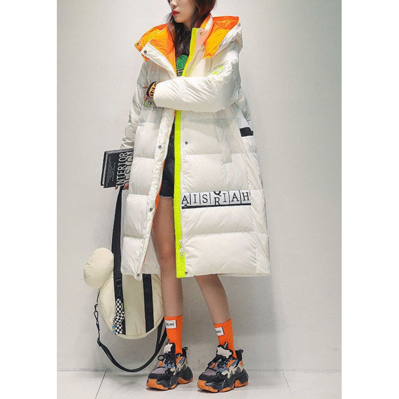Diy White Hooded Letter Print Warm Duck Down Down Coat Winter
