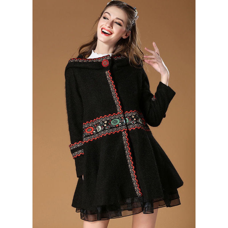 Elegant Black Hooded Embroideried Woolen Coat Winter