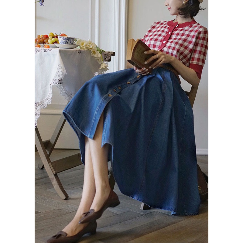 Elegant Denim Blue High Waist Exra Large Hem Cotton Skirt Spring
