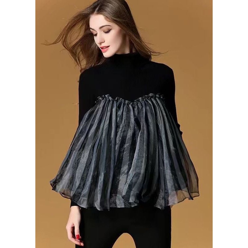 Fashion Black High Neck Tulle Patchwork Striped Knit Sweaters Spring