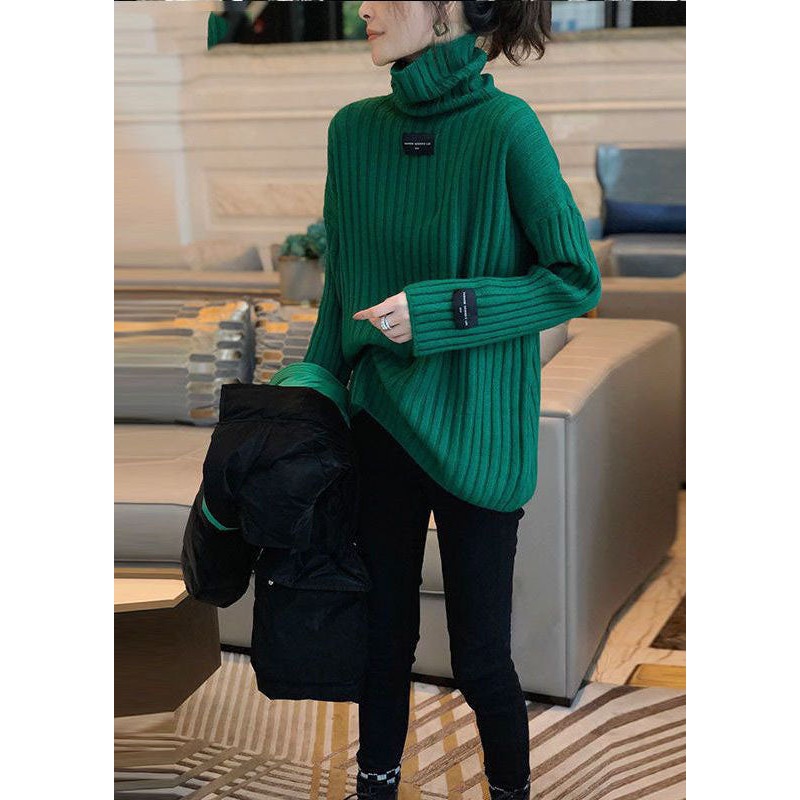 Fashion Blackish Green Turtle Neck Applique Thick Knit Pullover Winter