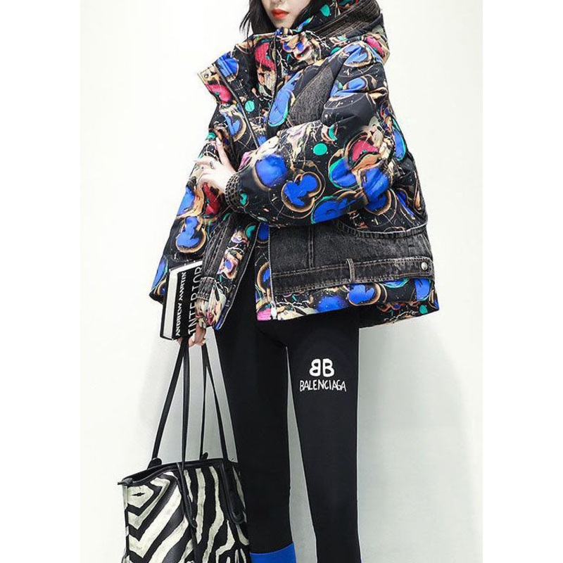 Fashion Blue Print Hooded Patchwork Denim Duck Cotton Winter Coat