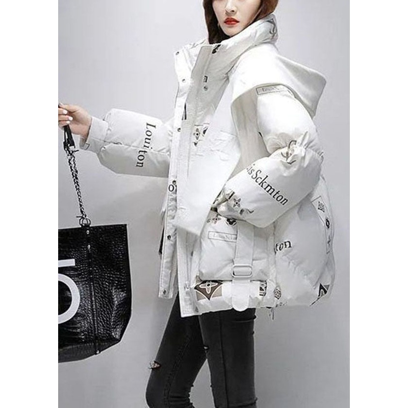 Fine White Hooded Letter Print Duck Down Puffer Jacket Winter