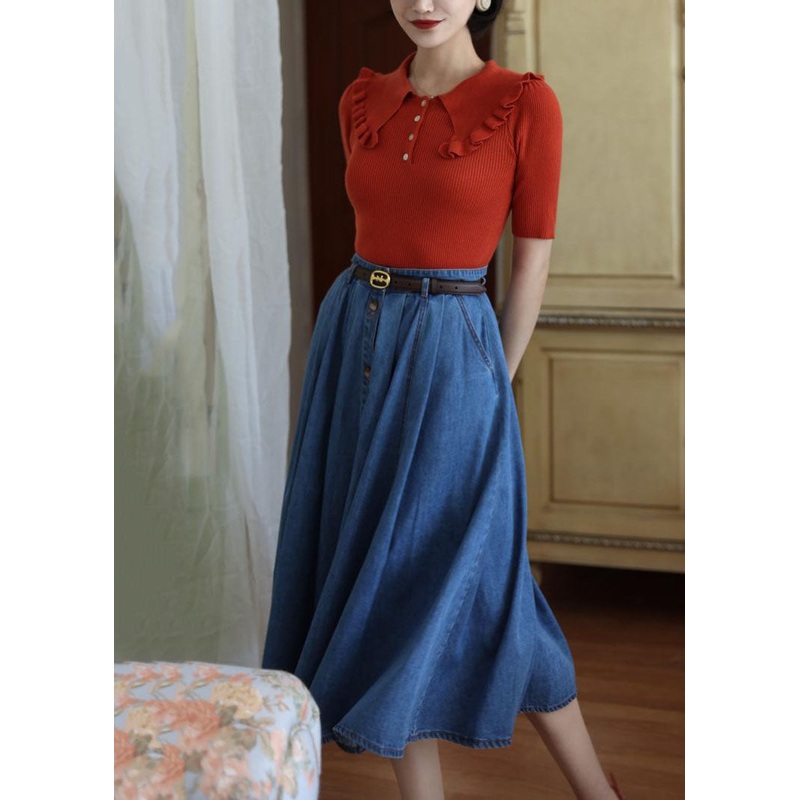 French Blue High Waist Exra Large Hem Cotton Denim Skirts Spring