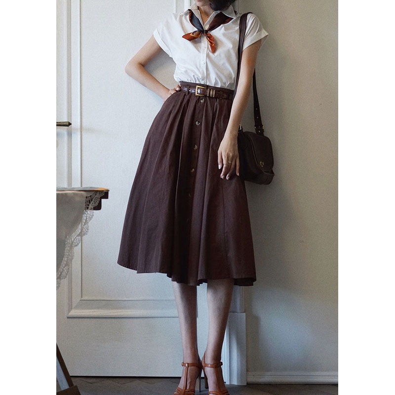 French Coffee High Waist Single Breasted Cotton A Line Skirts Spring
