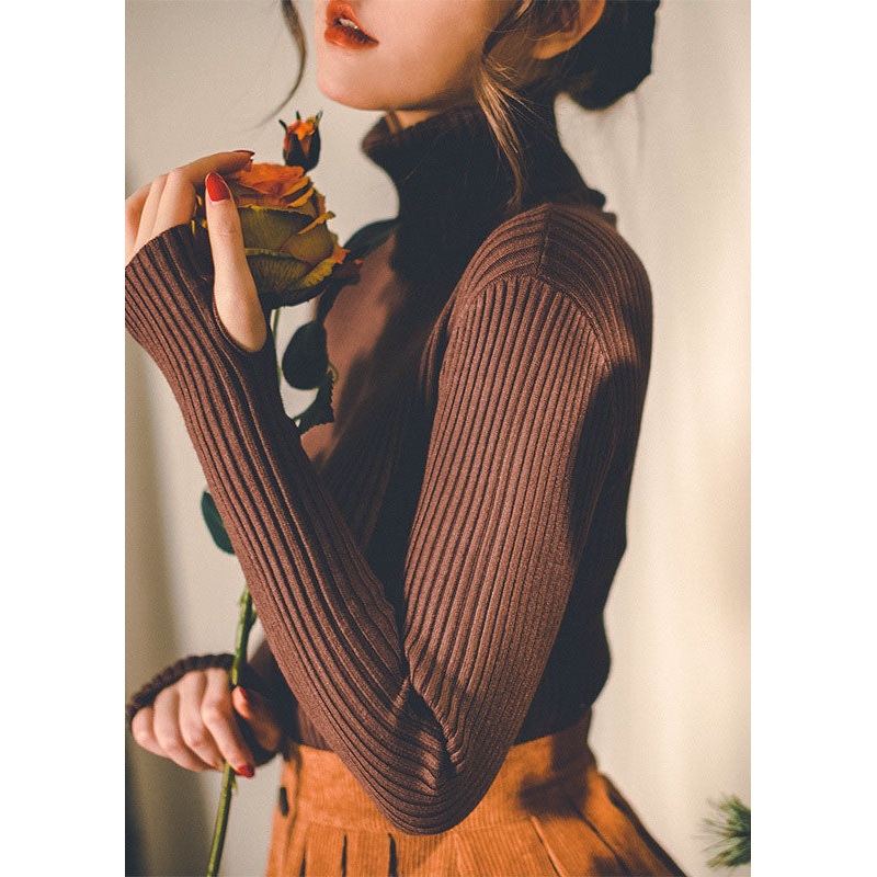 French Coffee Turtle Neck Slim Fit Thick Knit Sweater Tops Spring