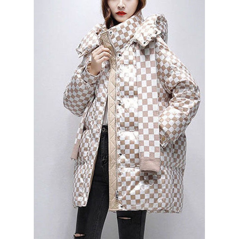French Khaki Plaid Hooded Thick Duck Down Down Jacket Winter