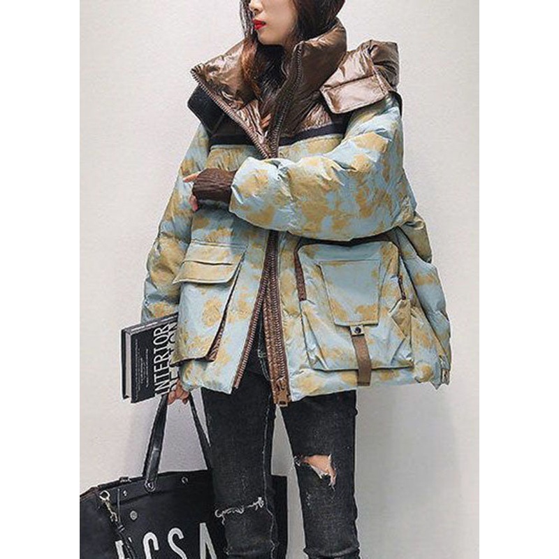 French Light Blue Hooded Patchwork Camouflage Duck Down Down Coat Winter