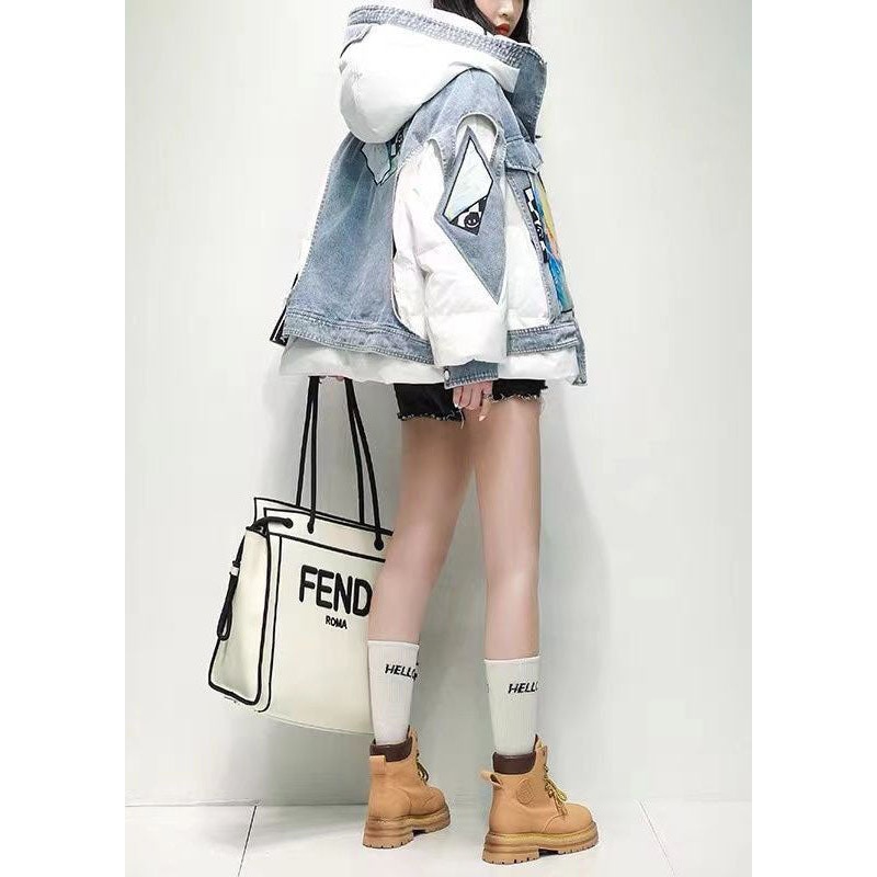 French White Hooded Denim Patchwork Duck Down Puffer Jacket Winter