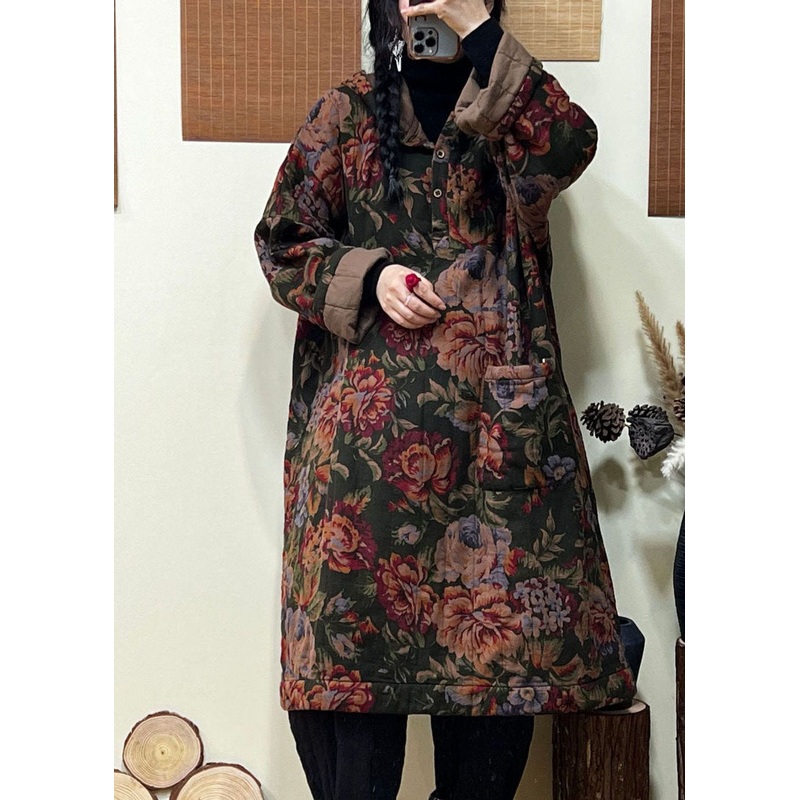 Green Pockets Print Fine Cotton Filled Hooded Coats Winter