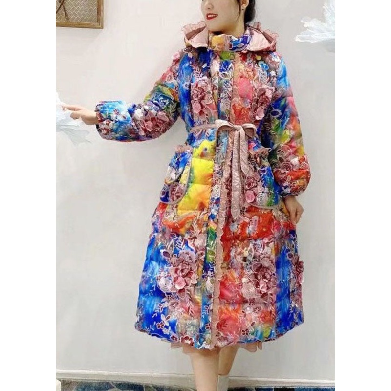 Italian Embroidered Ruffled Patchwork Print Duck Down Winter Coats