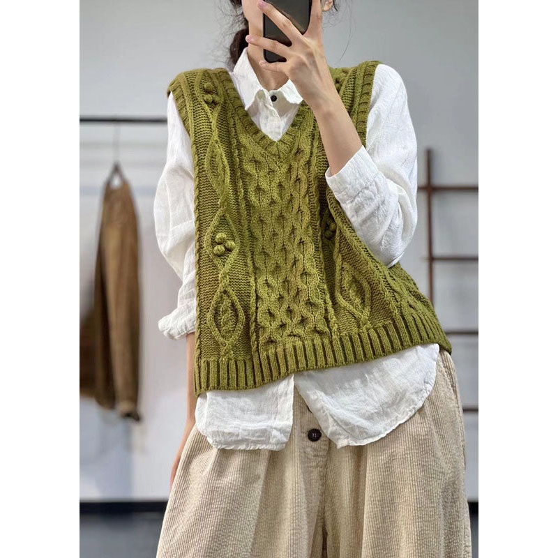 Italian Green V Neck Chunky Oversized Cable Knit Vest Winter