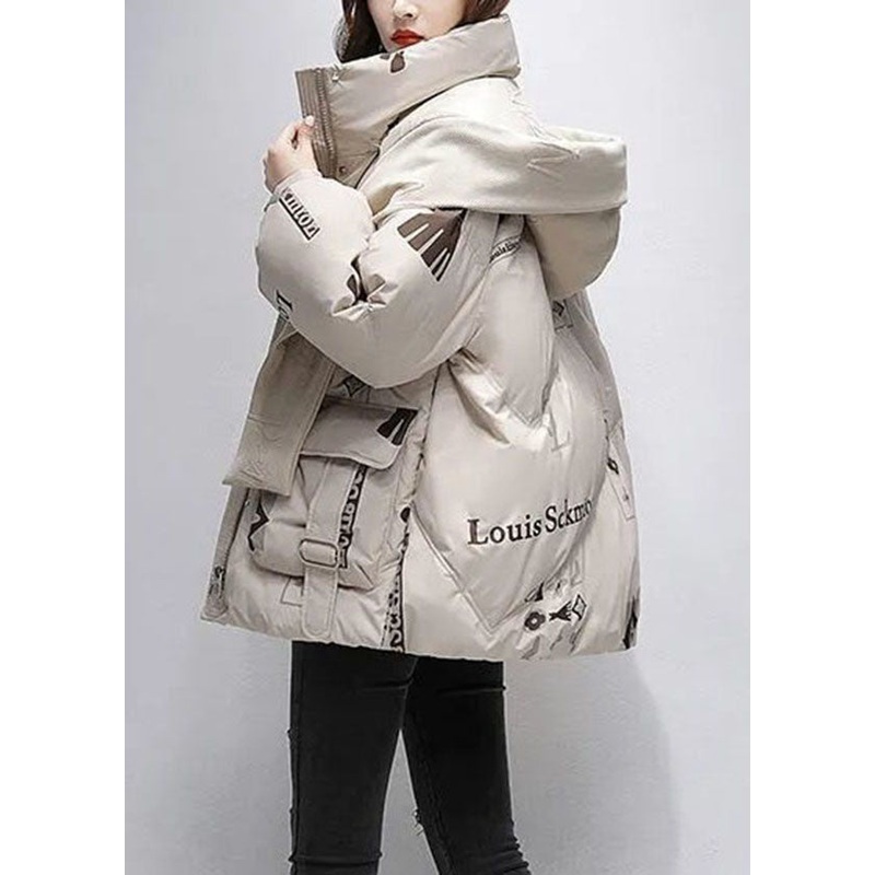 Khaki Print Duck Down Puffer Jacket Hooded Oversized Winter