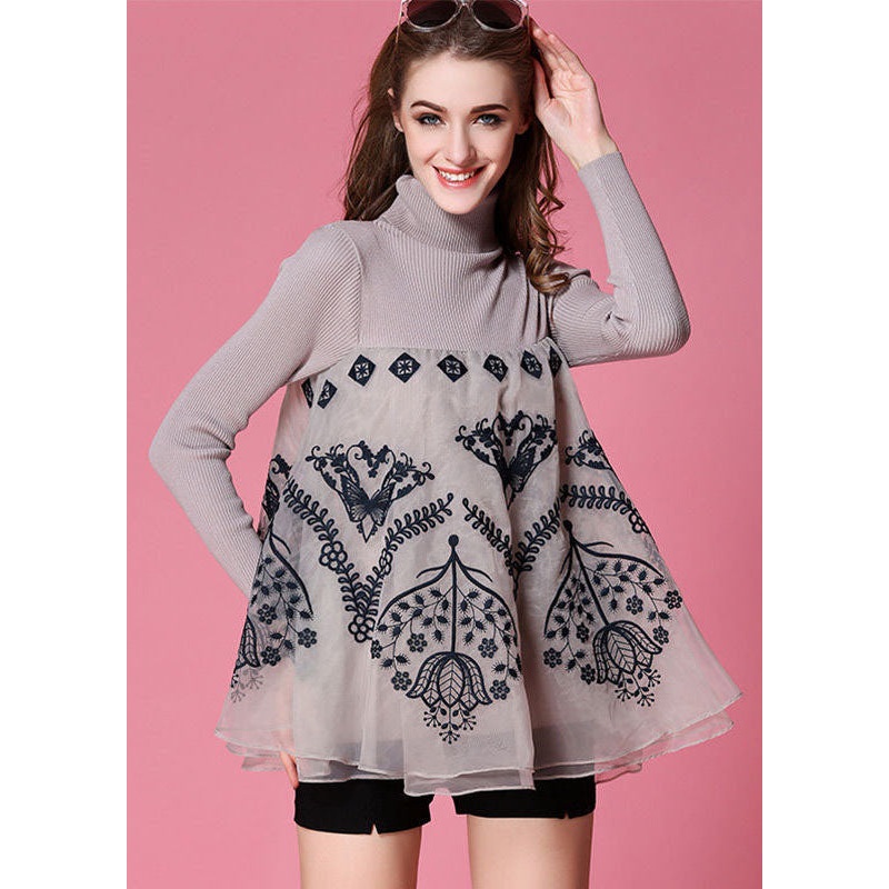 Light Grey Patchwork Knit Top Embroideried Organza Spring