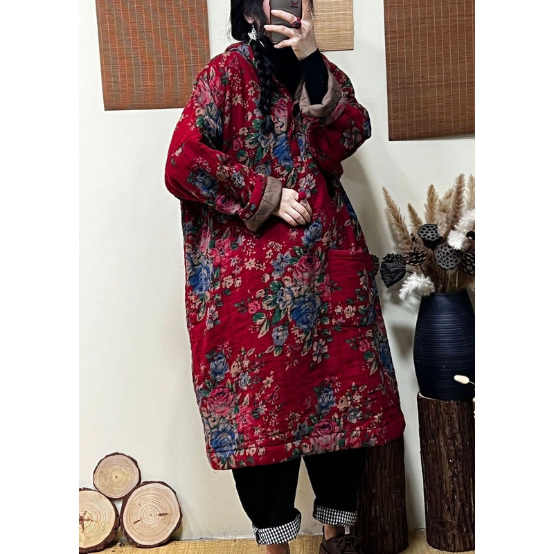 Loose Red Hooded Print Fine Cotton Filled Long Coats Winter