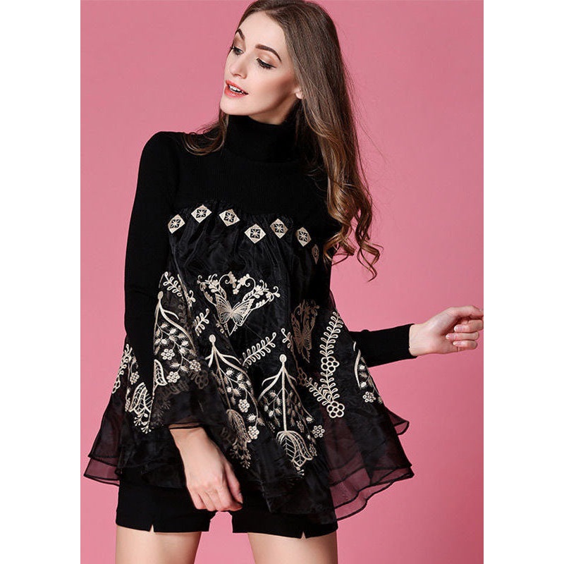 Modern Black High Neck Organza Patchwork Knit Top Spring