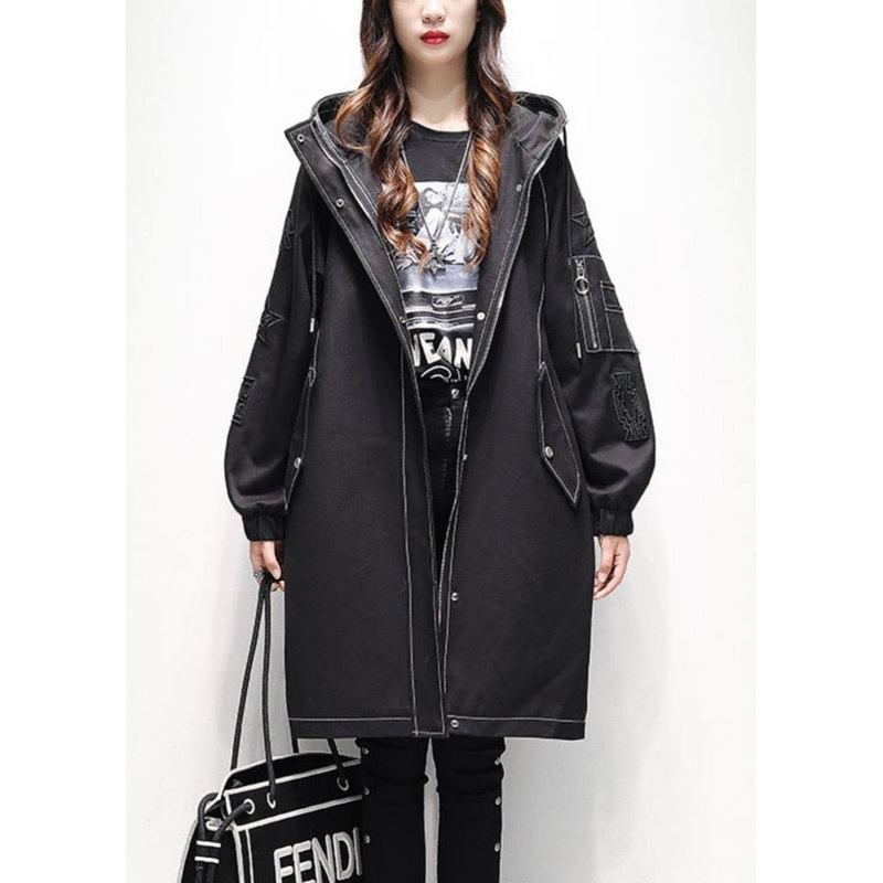 Modern Black Hooded Drawstring Fine Cotton Filled Trench Coats Winter