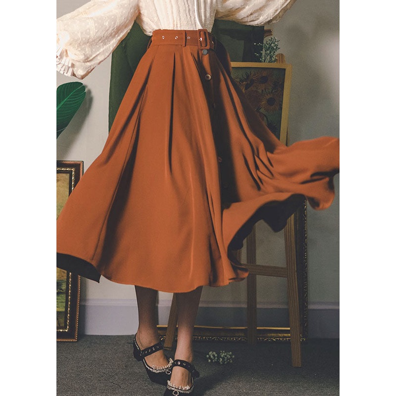 Modern Caramel High Waist Sashes Exra Large Hem Single Breasted A Line Skirt Spring