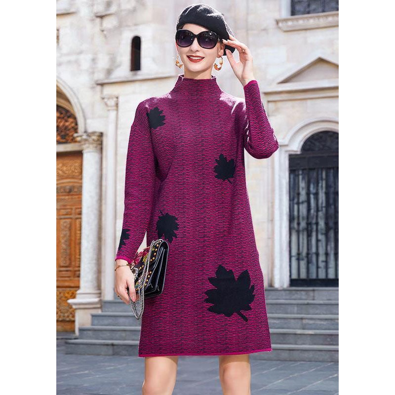 Modern Purple High Neck Maple Leaves Jacquard Knit Long Sweater Winter