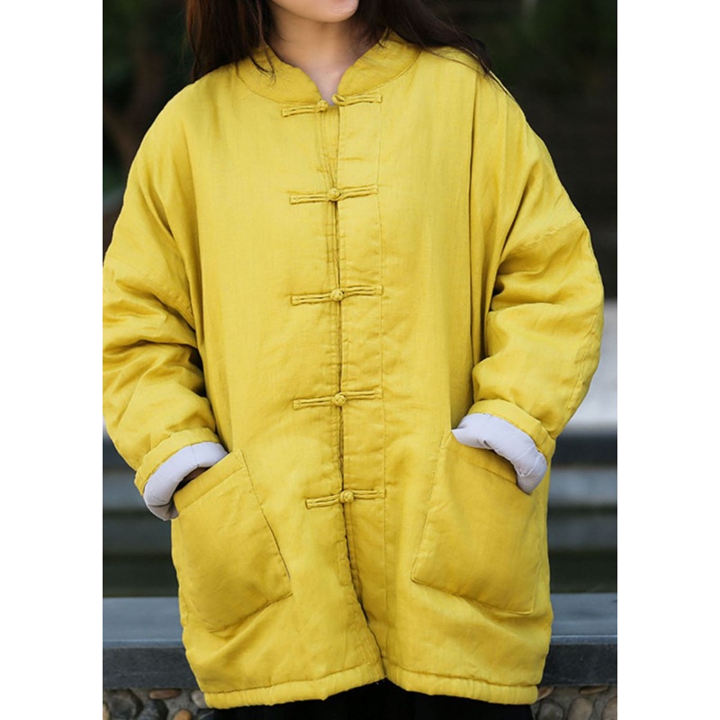 Modern Yellow Stand Collar Oversized Fine Cotton Filled Coats Winter