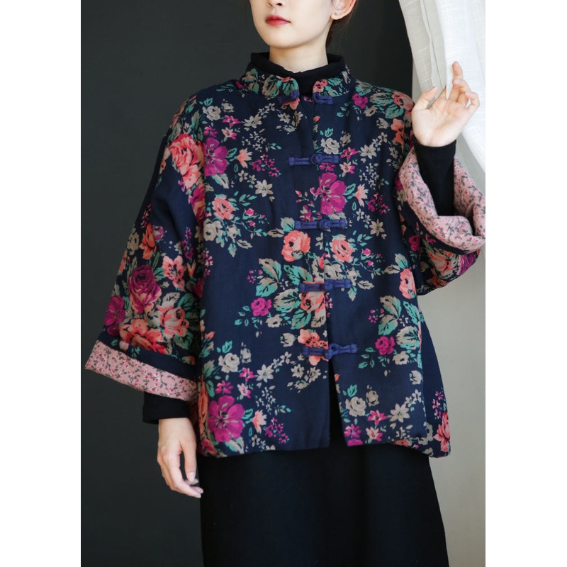 Navy Oversized Fine Cotton Filled Coats Pockets Print Winter