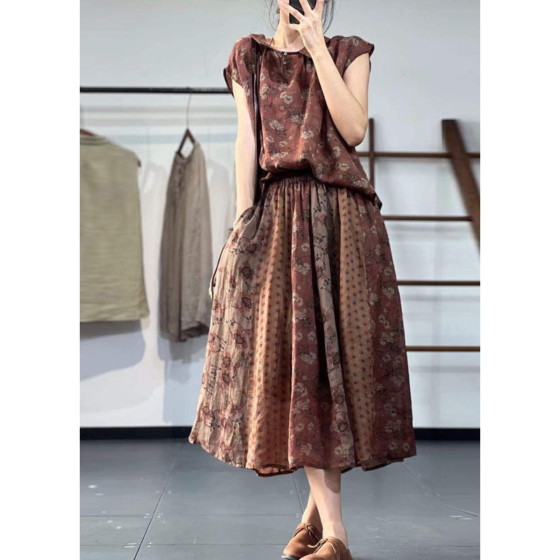 Plus Size Khaki Peter Pan Collar Print Linen Two Pieces Set Summer