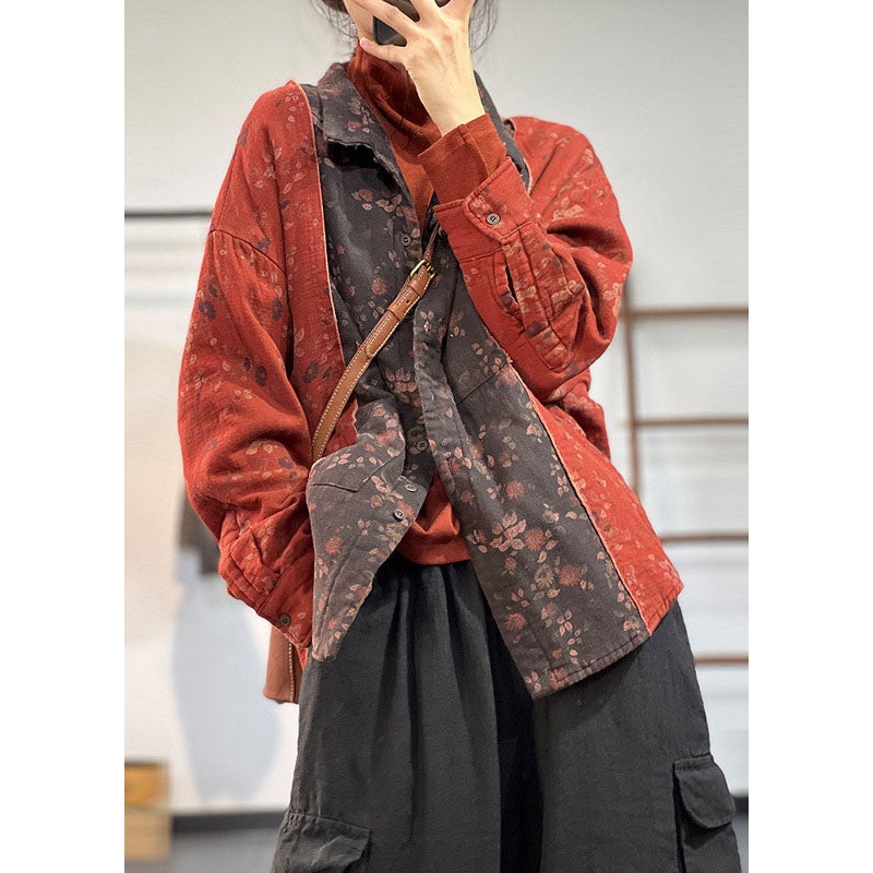 Red Patchwork Fine Cotton Filled Tops Peter Pan Collar Print Winter