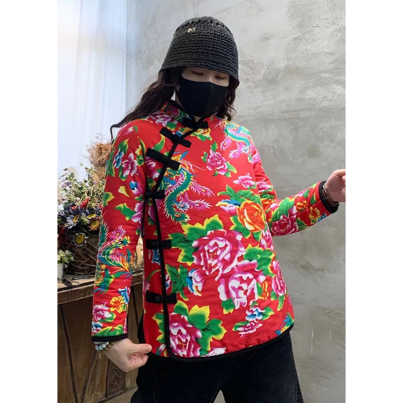 Red Print Fine Cotton Filled Coat Outwear Mandarin Collar Winter