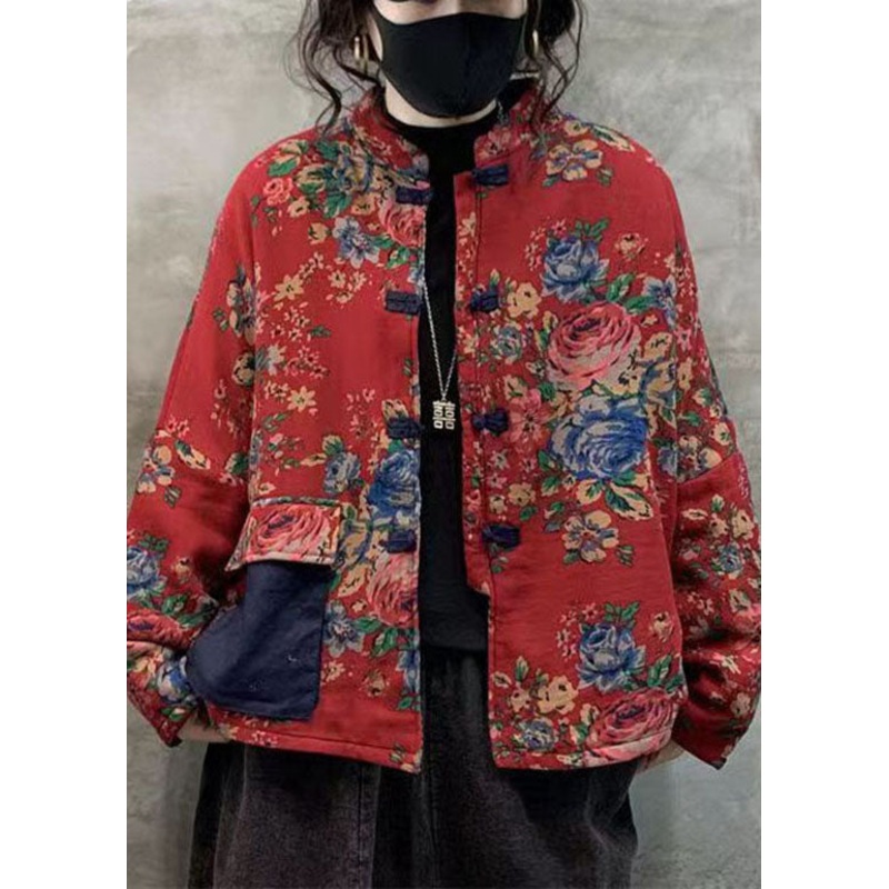 Red Print Thick Fine Cotton Filled Coats Stand Collar Oriental Button Winter