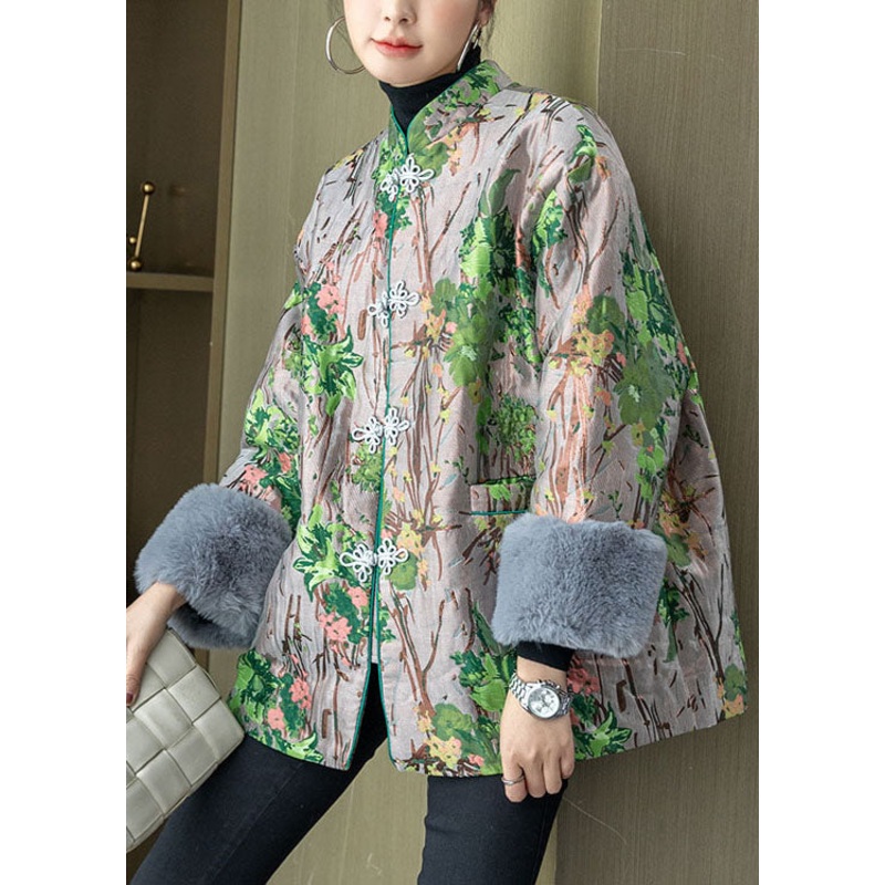 Retro Grey Stand Collar Jacquard Silk Cotton Filled Coats Winter