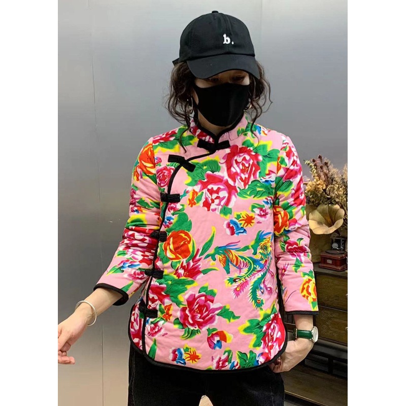 Retro Pink Stand Collar Print Fine Cotton Filled Coats Winter