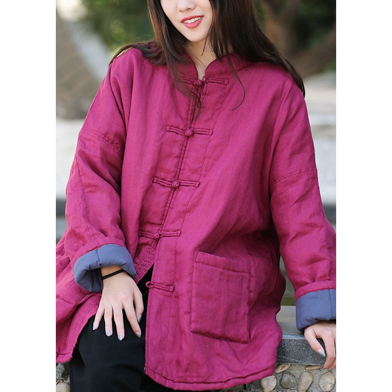 Rose Warm Fine Cotton Filled Coats Mandarin Collar Button Winter