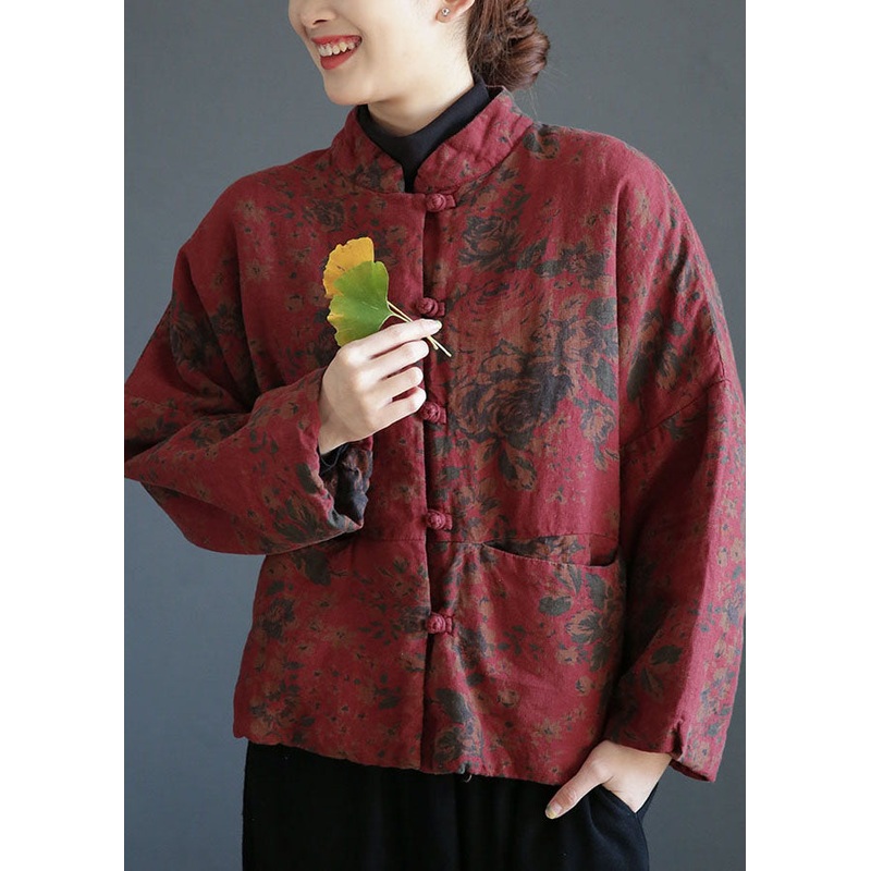 Rust Red Print Cotton Filled Coats Mandarin Collar Pockets Winter
