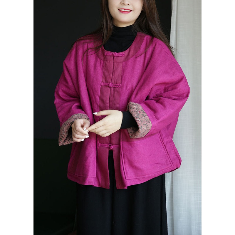 Simple Rose O Neck Chinese Button Pockets Cotton Filled Outwear Winter