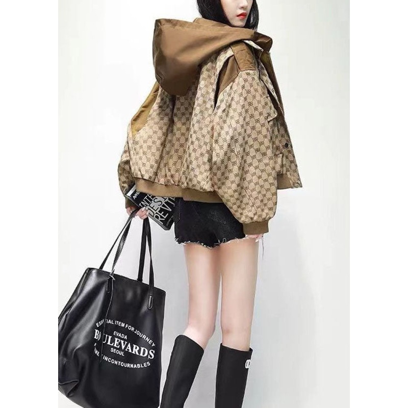 Style Khaki Hooded Patchwork Print Oversized Jacket Spring