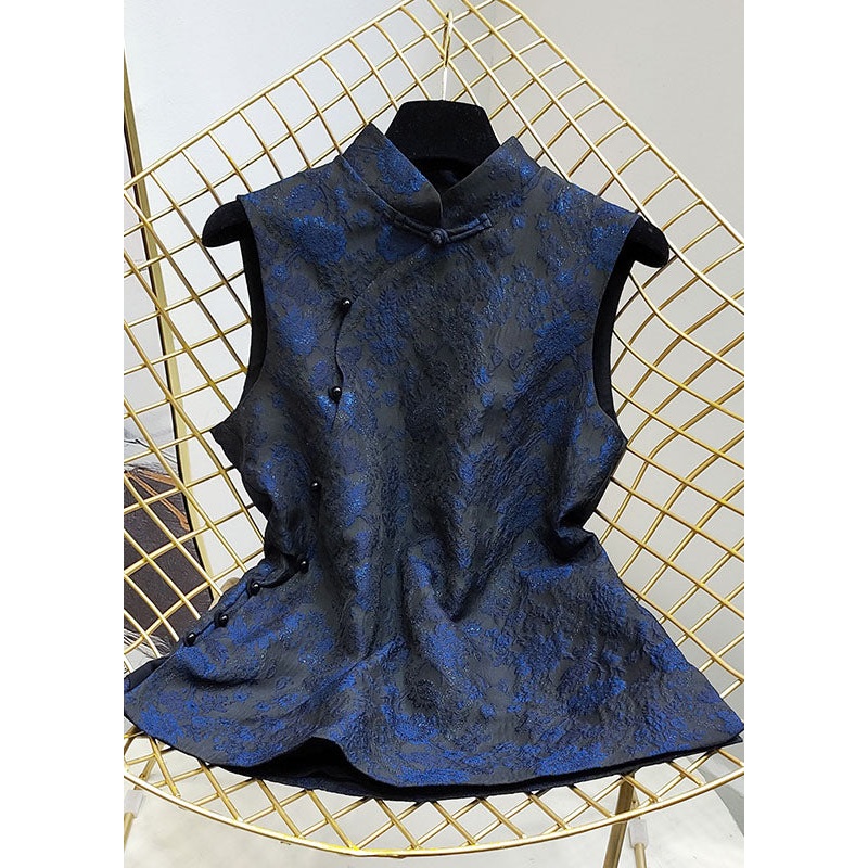 Stylish Blue Stand Collar Jacquard Slim Fit Silk Vest Sleeveless