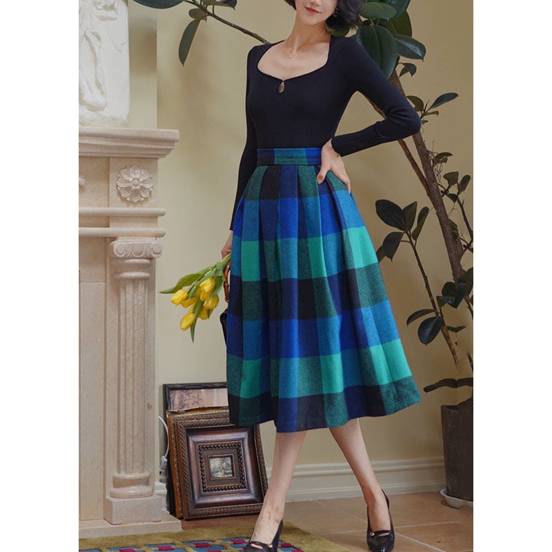 Unique Blue High Waist Plaid Wool Pleated Skirt Spring