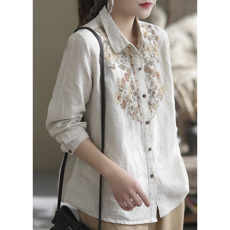 Vintage Beige Peter Pan Collar Embroideried Linen Top Spring