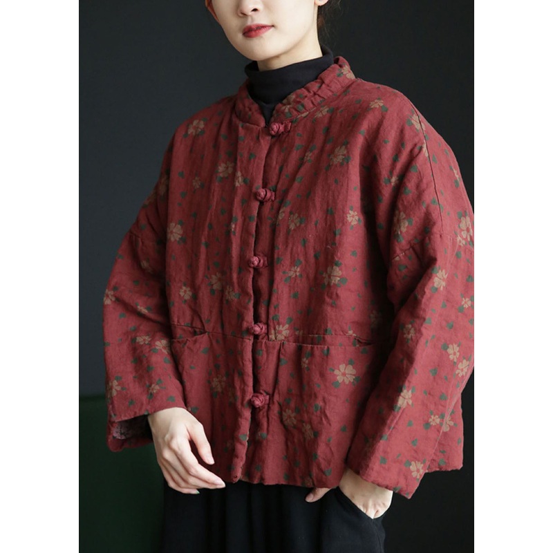 Vintage Brick Red Stand Collar Print Cotton Filled Jackets Winter