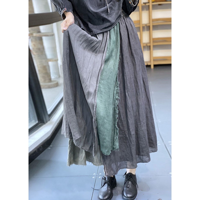 Vintage Grey Elastic Waist Asymmetrical Patchwork Linen Skirt Spring