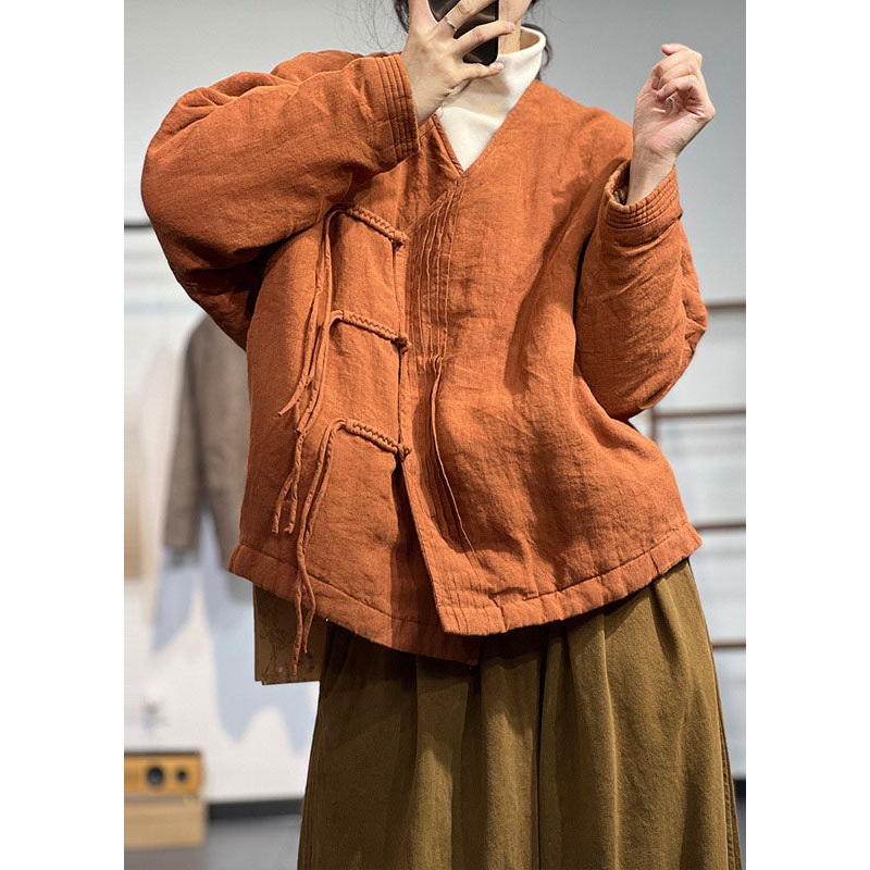 Vintage Orange V Neck Solid Wrinkled Fine Cotton Filled Winter Coats