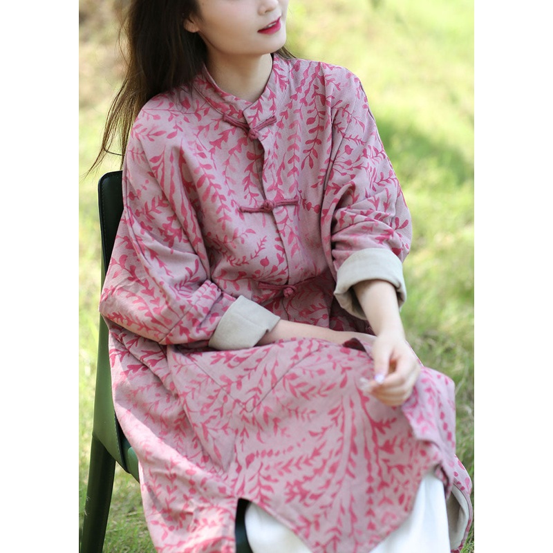 Vintage Pink Batwing Sleeve Oriental Button Pockets Print Cotton Coat
