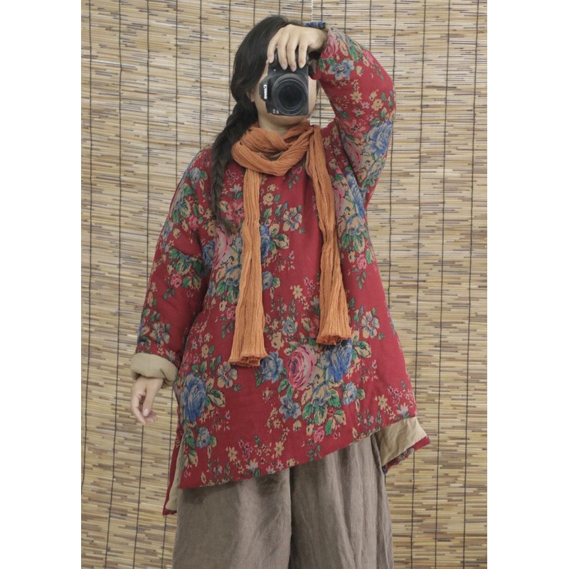 Vintage Red Print Low High Design Fine Cotton Filled Witner Coats