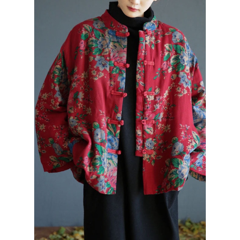 Vintage Red Stand Collar Pockets Print Fine Cotton Filled Outwear Winter