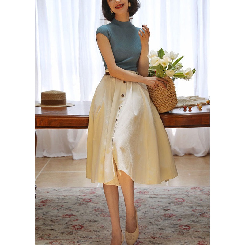 White Cotton Holiday Skirt High Waist Single Breasted Spring
