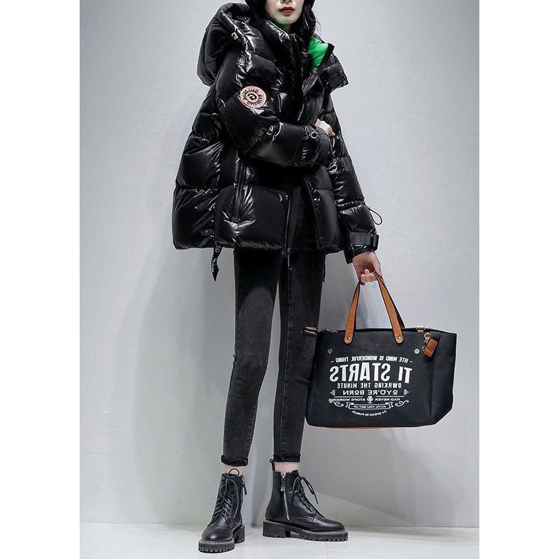 Women Black Hooded Drawstring Streetwear Duck Down Down Coat Winter