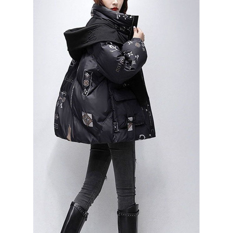 Women Black Letter Print Hooded Scarf Duck Down Down Coat Winter
