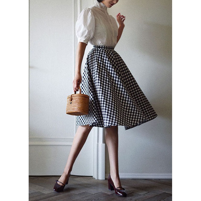 Women Black White Plaid High Waist Cotton A Line Skirts Spring
